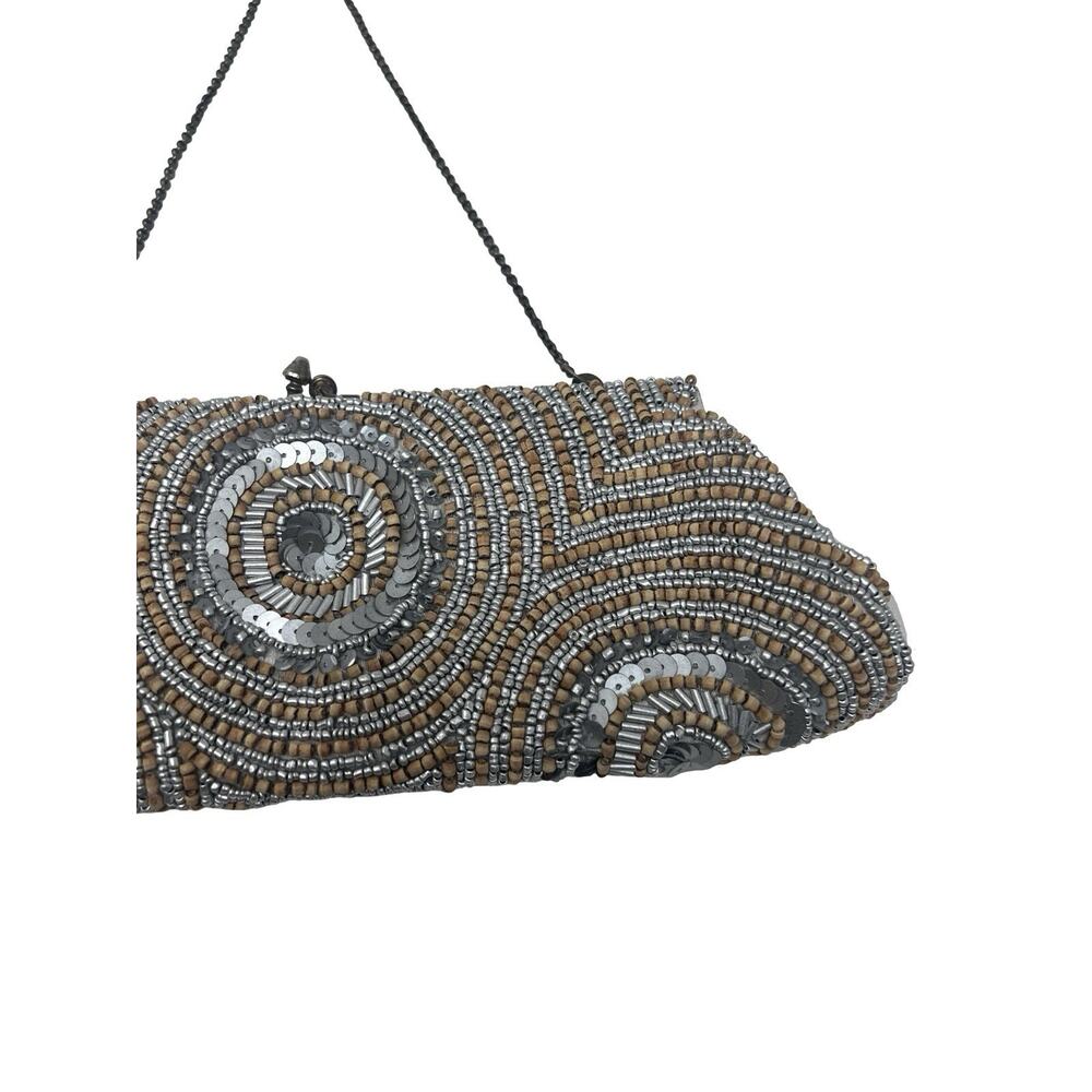y2K White House Black Market Silver & Wood Beaded Party Clutch Purse Chain Strap - Picture 3 of 9